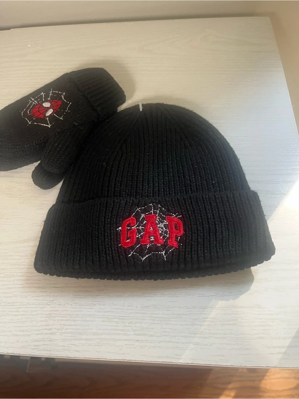 GAP Black Knit Beanie with Red Logo and Spiderweb Detail